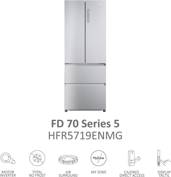 HAIER FD 70 Series 5 HFR5719ENMG - Frigorífico Puerta Francesa, Cajones Direct Access, Circular AirFlow, Motor Inverter, My Zone Plus, Total No Frost, Ancho 70cm, Alto 1,90m, 446L, Luz LED, Inox [Clase de eficiencia energética E] - Imagen 5