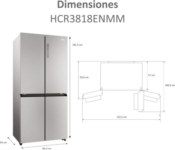 Haier Cube 83 Series 3 HCR3818ENMM - Frigorífico 4 Puertas, Display LED, Función Cooling y Freezing, 467L, Tiradores Integrados, Total No Frost, Ancho 83cm, Motor Inverter, Luz LED, Inox [Clase de eficiencia energética E] - Imagen 2