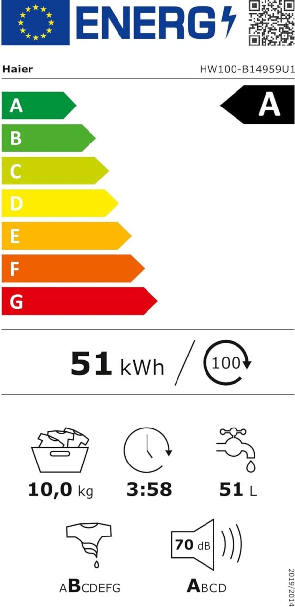 Haier HW90-B14959 Serie I-Pro 5, lavadora Wi-Fi, 9 kg de carga frontal, 1400 revoluciones, tecnología micro vapor Refresh, tratamiento antibacteriano, libre instalación, 60 x 50 x 85 cm, clase A [Clase de eficiencia energética A] - Imagen 2