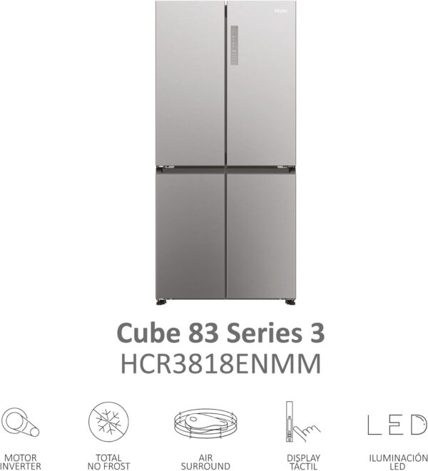 Haier Cube 83 Series 3 HCR3818ENMM - Frigorífico 4 Puertas, Display LED, Función Cooling y Freezing, 467L, Tiradores Integrados, Total No Frost, Ancho 83cm, Motor Inverter, Luz LED, Inox [Clase de eficiencia energética E] - Imagen 3