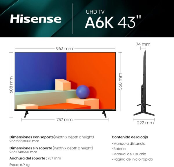 Hisense 43E6NT - UHD 4K,VIDAA Smart TV, 43 Pulgadas, Dolby Vision, Modo Juego Plus, DTS Virtual X, Control por Voz televisor, Doble Control de Volumen, Auto ordenación Canales TDT (Nuevo 2024) [Clase de eficiencia energética E] - Imagen 5