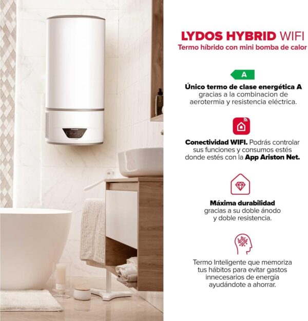 Ariston Lydos Hybrid Wifi - Termo Eléctrico 80 Litros Bajo Consumo con Bomba de Calor, Calentador de Agua Eléctrico Vertical 46,5x46,5x100,9cm Fabricado para Instalación en España [Clase de eficiencia energética A] - Imagen 7