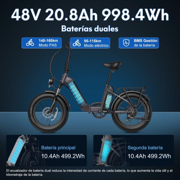 Fafrees [Oficial] Bicicleta eléctrica FF20 Polar, Bicicleta Eléctrica Plegable de 20 ", Batería Extraíble de 48V/20,8 Ah, 7 Velos, Ebike para Adultos, Alcance de 150KM - Imagen 4