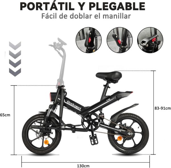 Bodywel T16 Bicicleta Eléctrica Plegable, 16" Portable E-Bike, City EBike con Pantalla LED, Batería 36V/10.4Ah, Frenos de Doble Disco y Suspensión Delantera, Unisex Adulto - Imagen 2