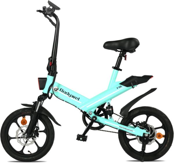 Bodywel T16 Bicicleta Eléctrica Plegable, 16" Portable E-Bike, City EBike con Pantalla LED, Batería 36V/10.4Ah, Frenos de Doble Disco y Suspensión Delantera, Unisex Adulto - Imagen 3