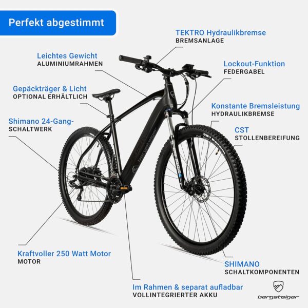 Bergsteiger Cannock Bicicleta eléctrica de 29 pulgadas con motor de 250 W, frenos hidráulicos, bicicleta de montaña de aluminio para hombre y mujer, pantalla a color, bicicleta eléctrica con cambio - Imagen 2